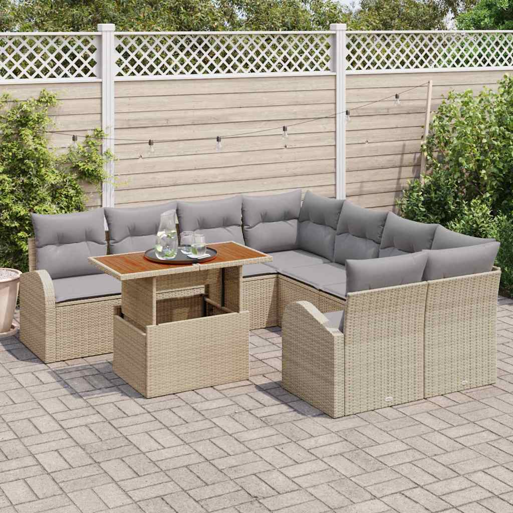 Garten-Sofa-Set mit Speicher 9 pcs Beige Poly Rattan